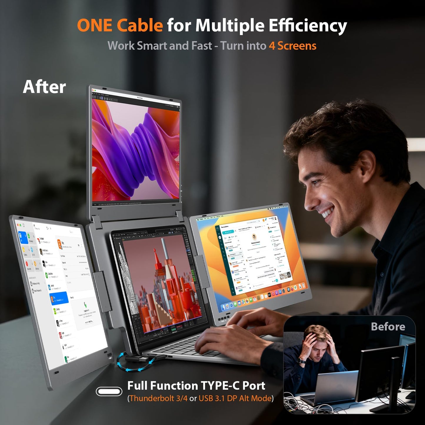 KYY X90G Extender: 15.6" quad monitor, 1080P, one cable, auto rotation, durable alloy design.