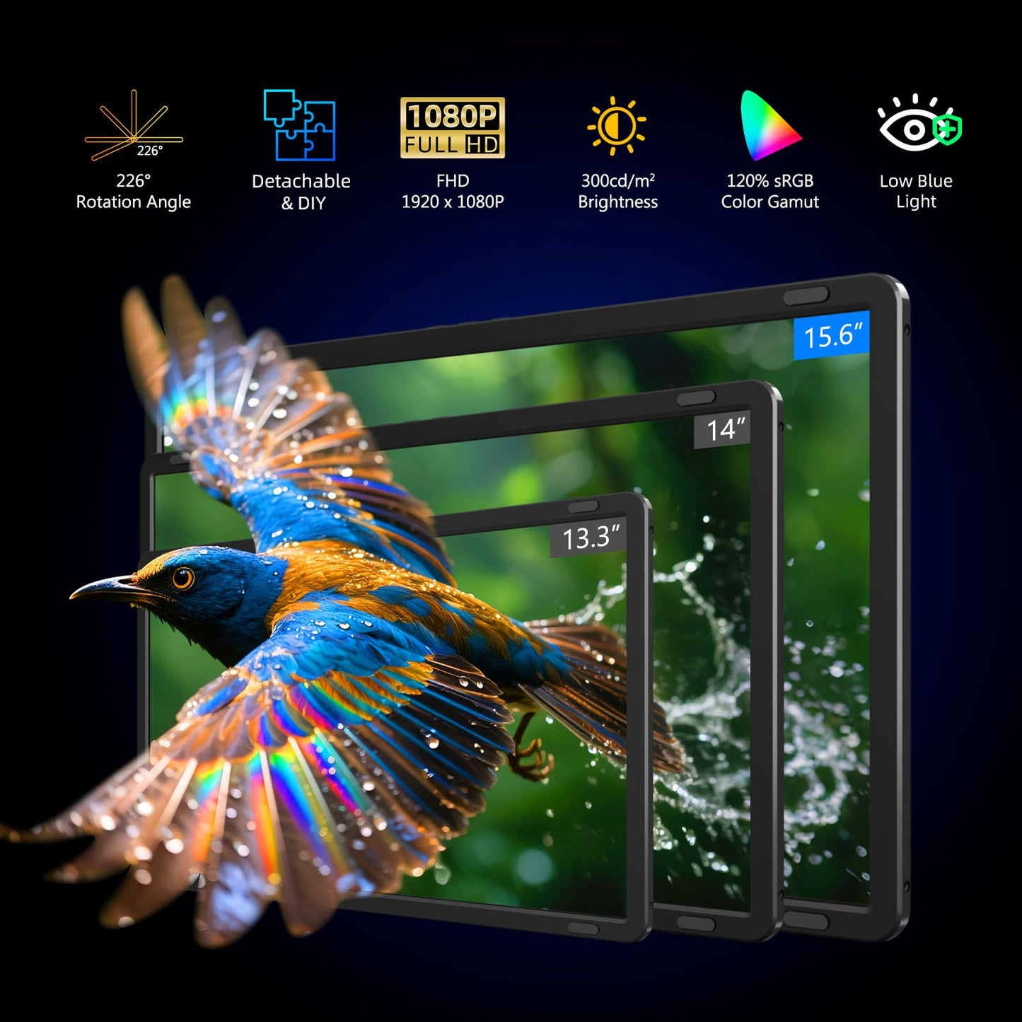 Tauvian 15.6" Extender: FHD IPS triple monitor, 120% sRGB, low blue light, plug & play, detachable design.