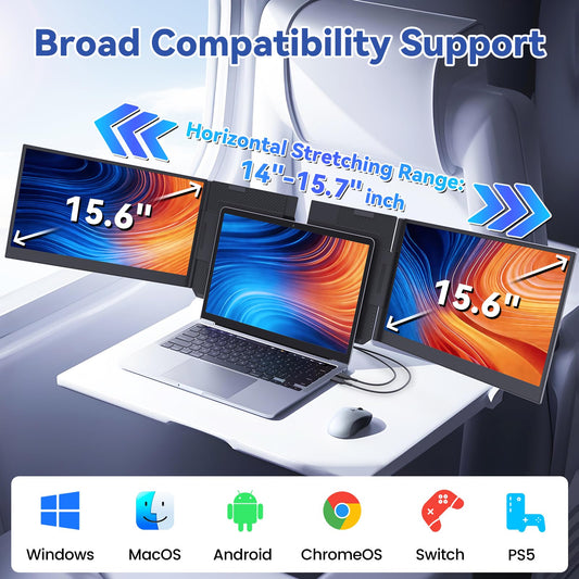 domyfan 15.6" Extender: FHD IPS triple monitor, ultra-thin, plug & play, wide compatibility.
