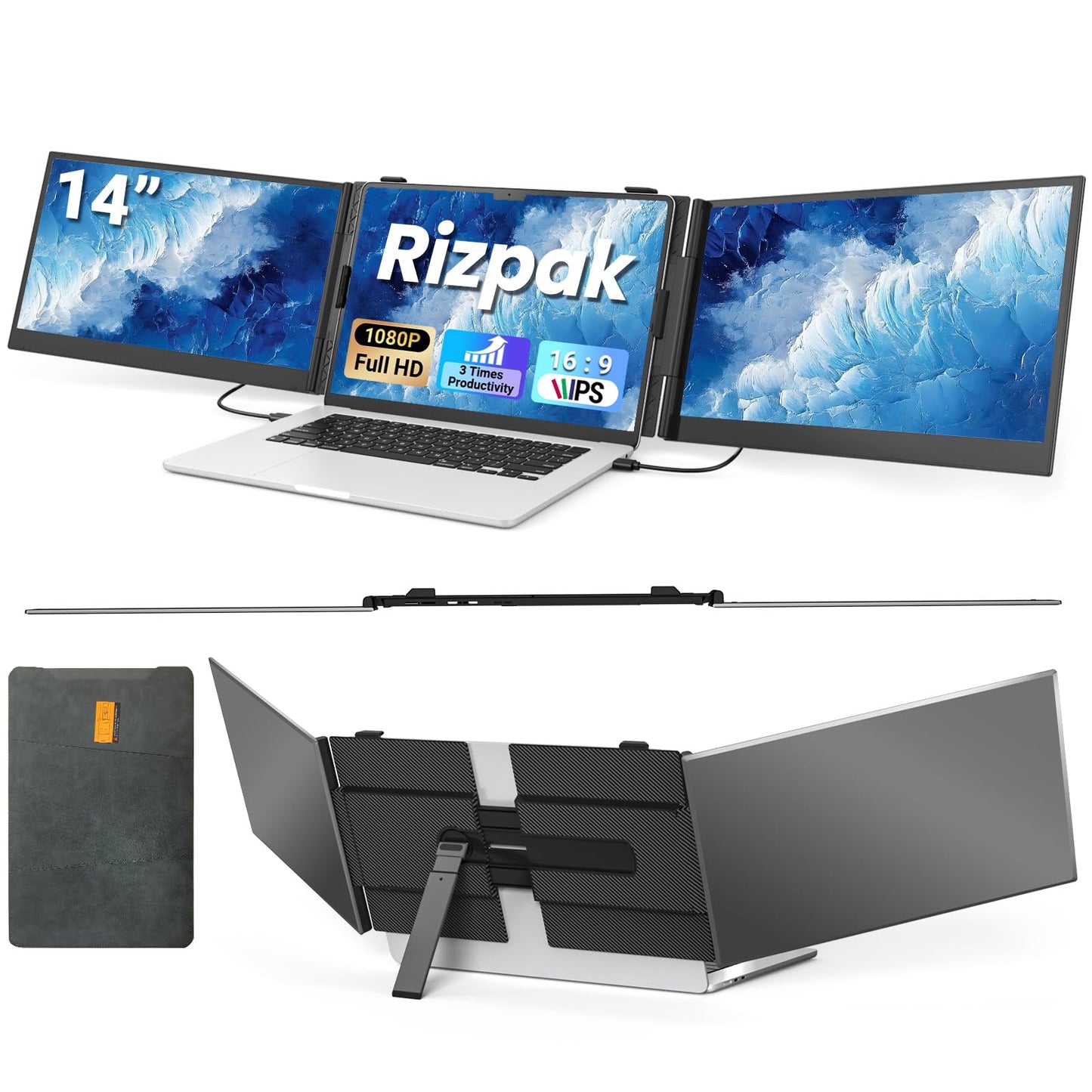 Rizpak 14" Extender: ultra-thin triple monitor, lightweight, 1080P IPS, USB-C/HDMI, ideal for travel and work.