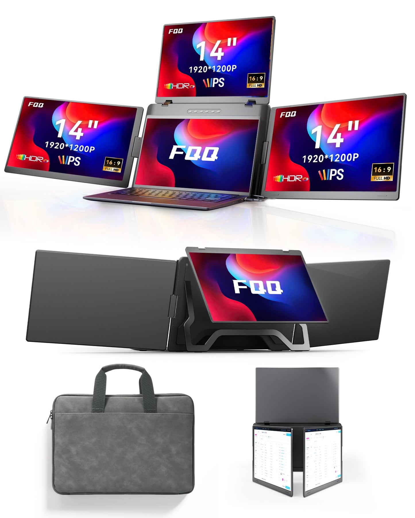 FQQ 14" Extender: 1200P IPS triple monitor, one cable, compact travel design, ideal for work on the go.