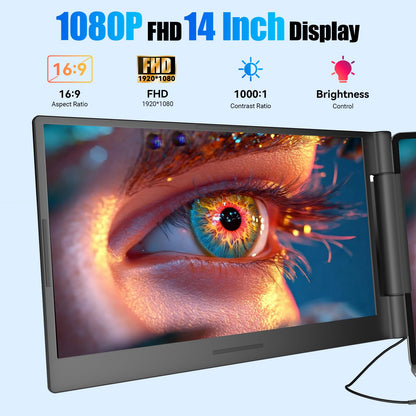 Funhill 14" Extender: 1080P IPS triple monitor, plug & play, supports HDMI/Display, great for multitasking.