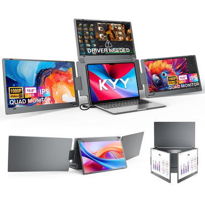KYY X90G Extender: 15.6" quad monitor, 1080P, one cable, auto rotation, durable alloy design.