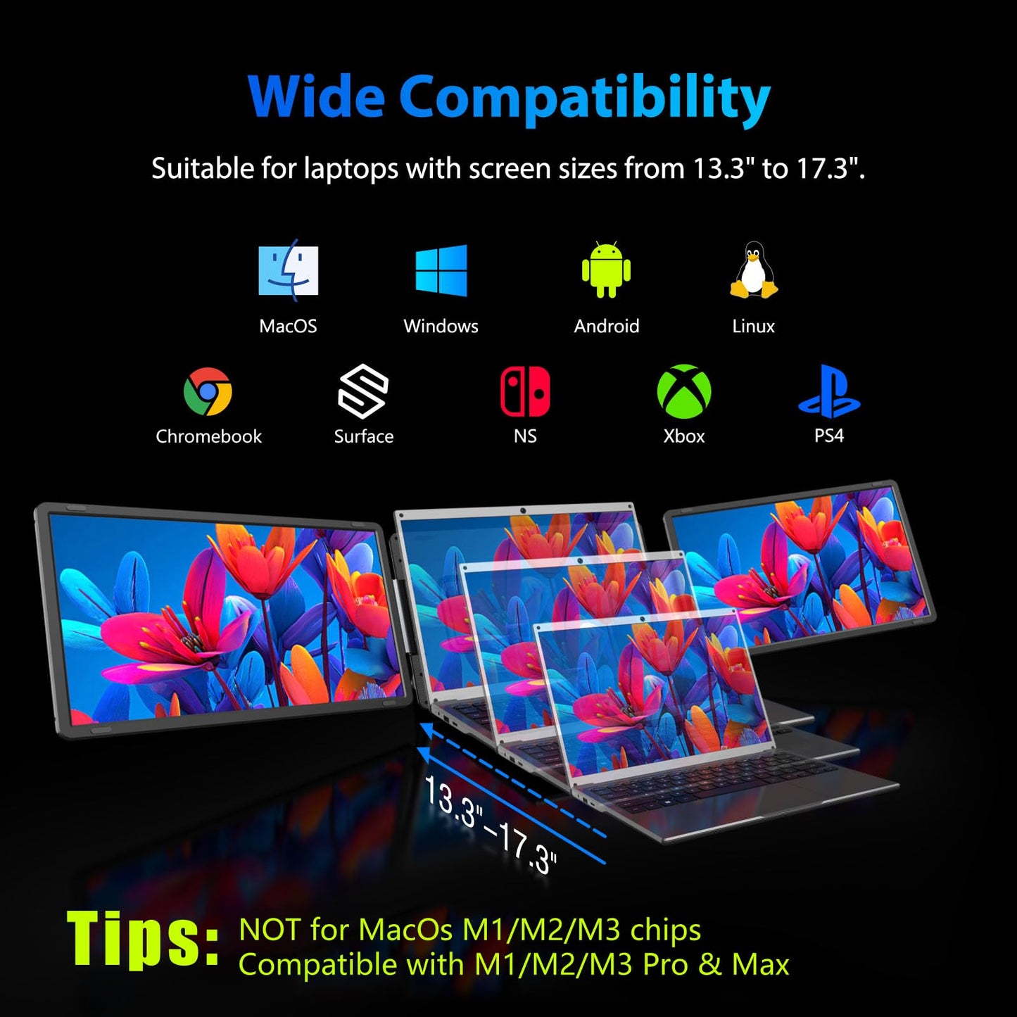Tauvian 15.6" Extender: FHD IPS triple monitor, 120% sRGB, low blue light, plug & play, detachable design.
