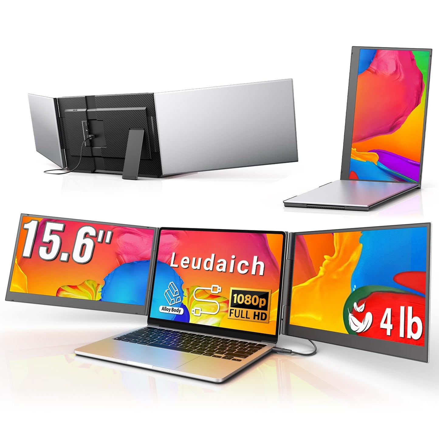 15.6" Triple Monitor: one-cable setup, FHD IPS, built-in speakers, slim portable design for laptops.