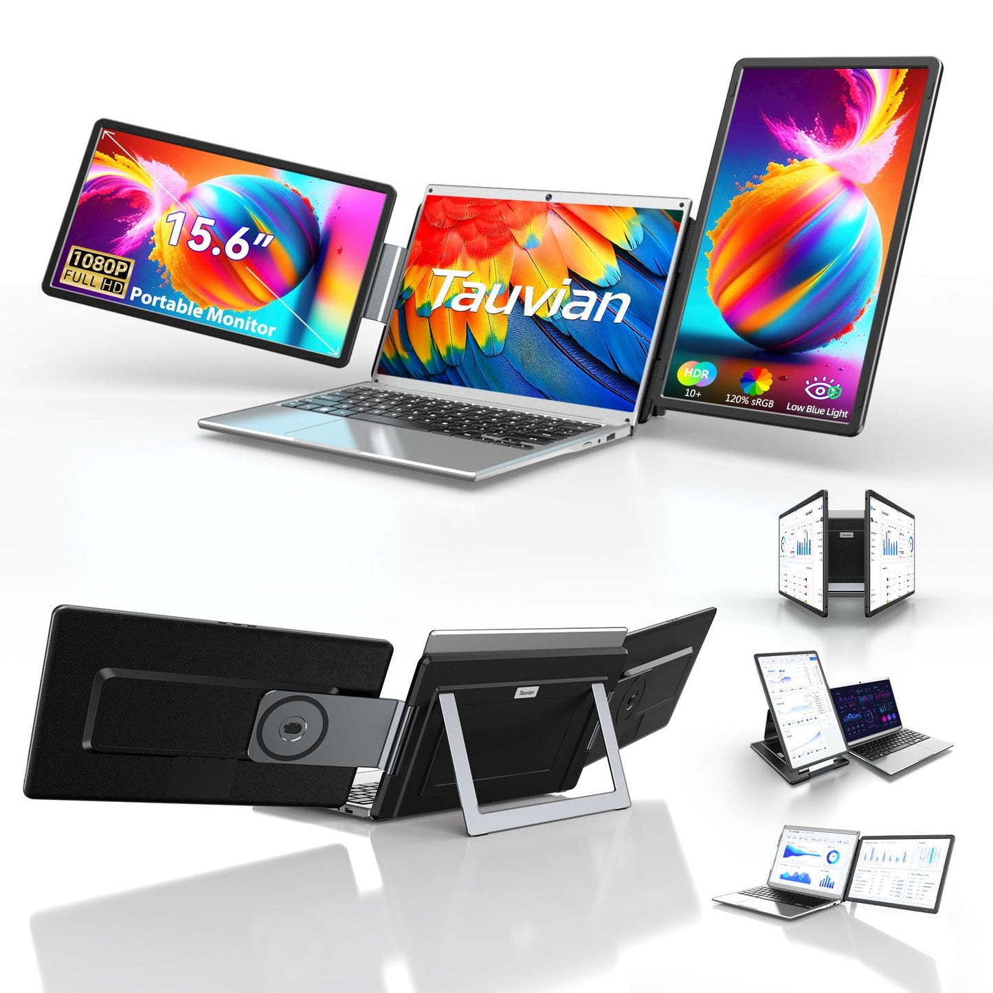 Tauvian 15.6" Extender: FHD IPS triple monitor, 120% sRGB, low blue light, plug & play, detachable design.