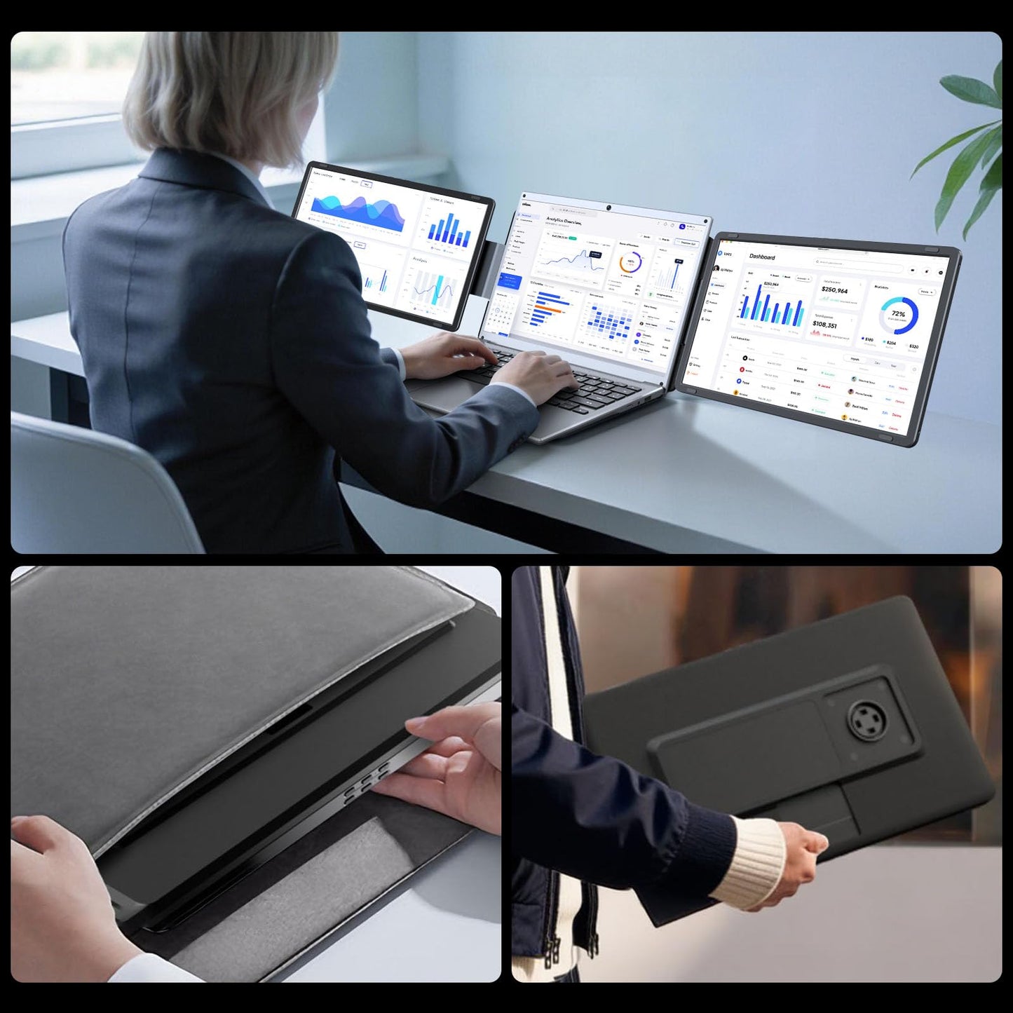 Tauvian 15.6" Extender: FHD IPS triple monitor, 120% sRGB, low blue light, plug & play, detachable design.