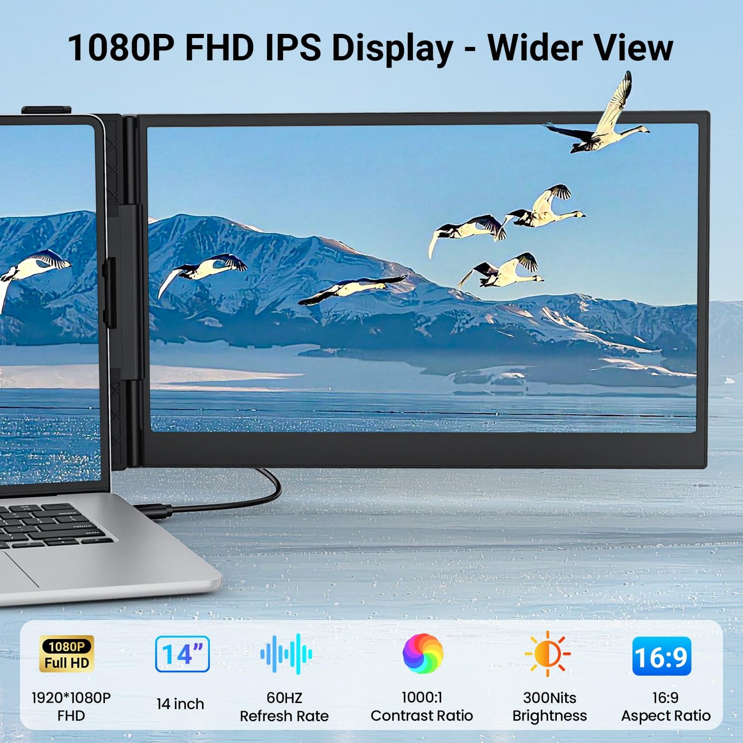 Rizpak 14" Extender: ultra-thin triple monitor, lightweight, 1080P IPS, USB-C/HDMI, ideal for travel and work.