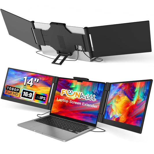 Funhill 14" Extender: 1080P IPS triple monitor, plug & play, supports HDMI/Display, great for multitasking.
