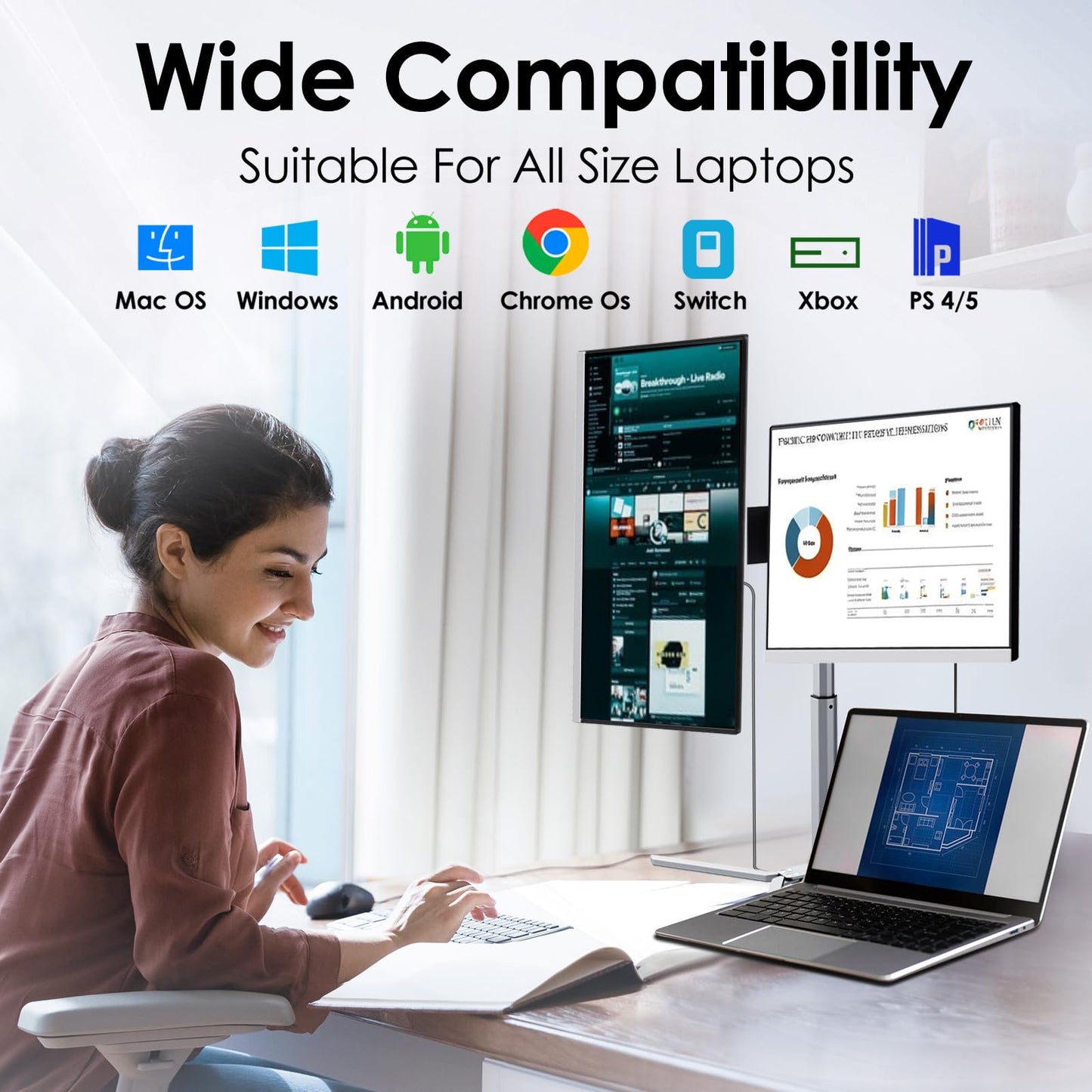 Redalf 15.6" Extender: ultra-thin triple monitor, FHD IPS, zero-frame design, compatible with all laptops.