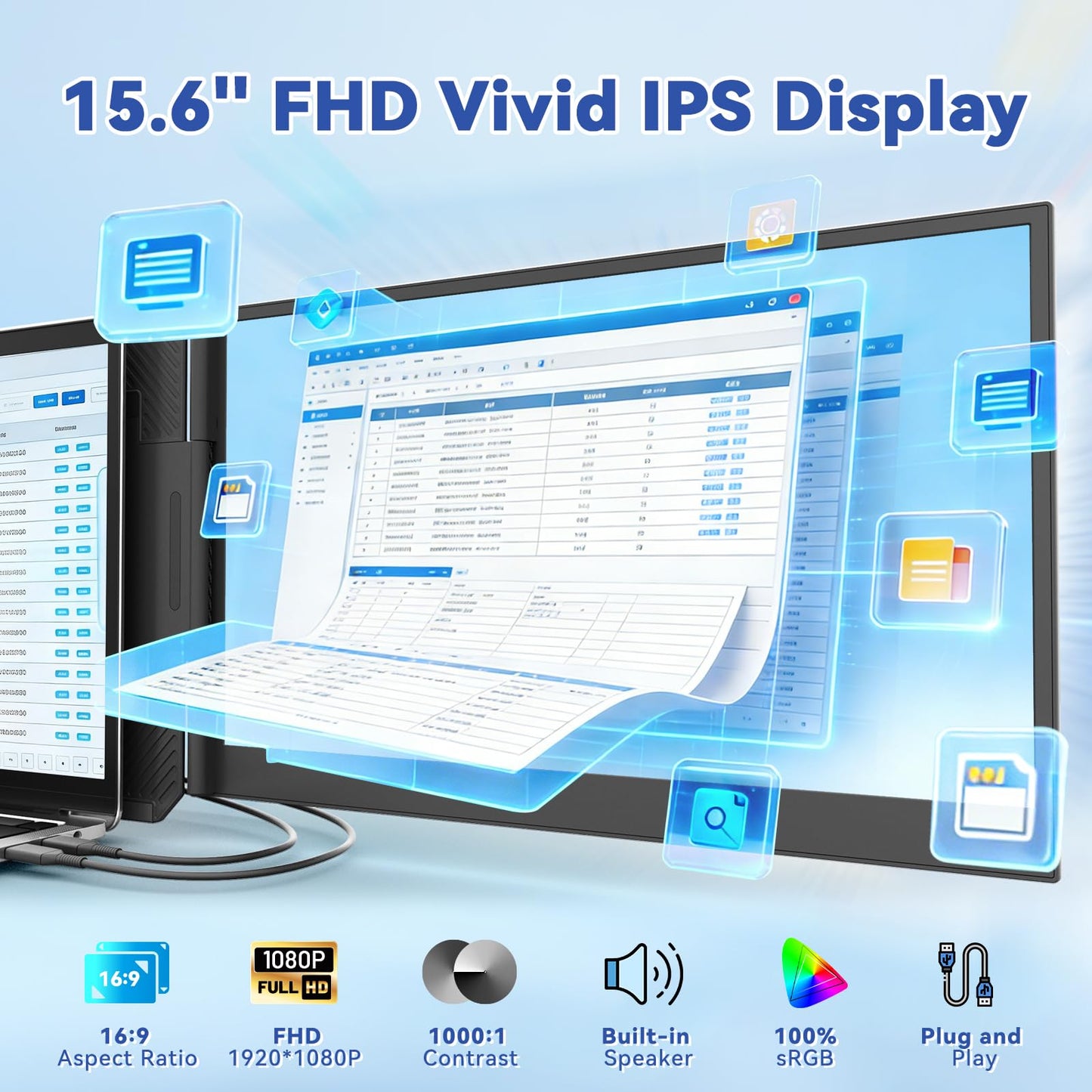 domyfan 15.6" Extender: FHD IPS triple monitor, ultra-thin, plug & play, wide compatibility.