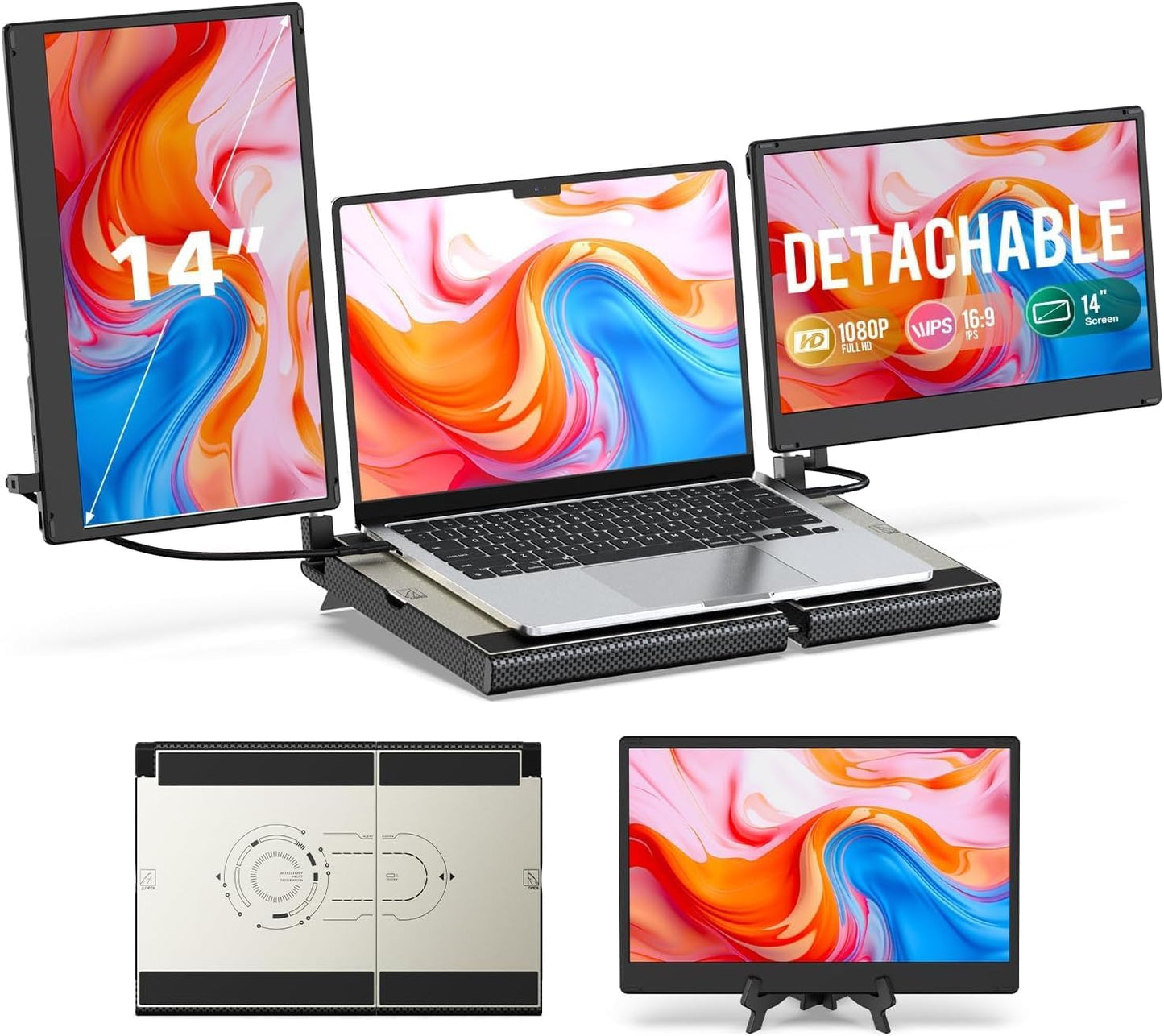 UK BONITOYS 14" Extender: FHD triple monitor, detachable, stretchable base, easy plug-and-play setup.
