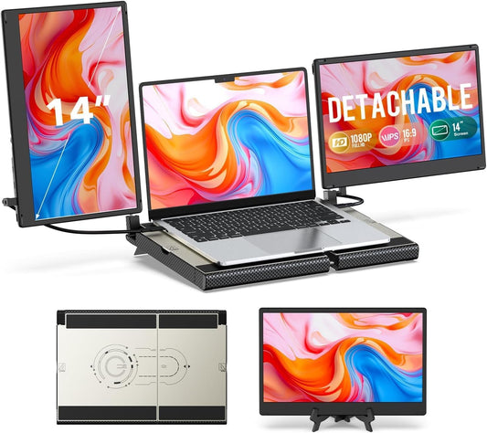 UK BONITOYS 14" Extender: FHD triple monitor, detachable, stretchable base, easy plug-and-play setup.
