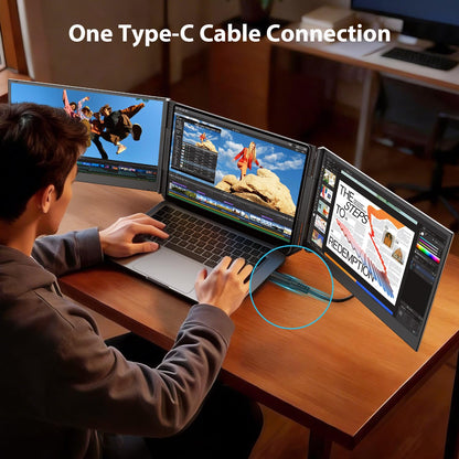 15.6" Triple Monitor: one-cable setup, FHD IPS, built-in speakers, slim portable design for laptops.