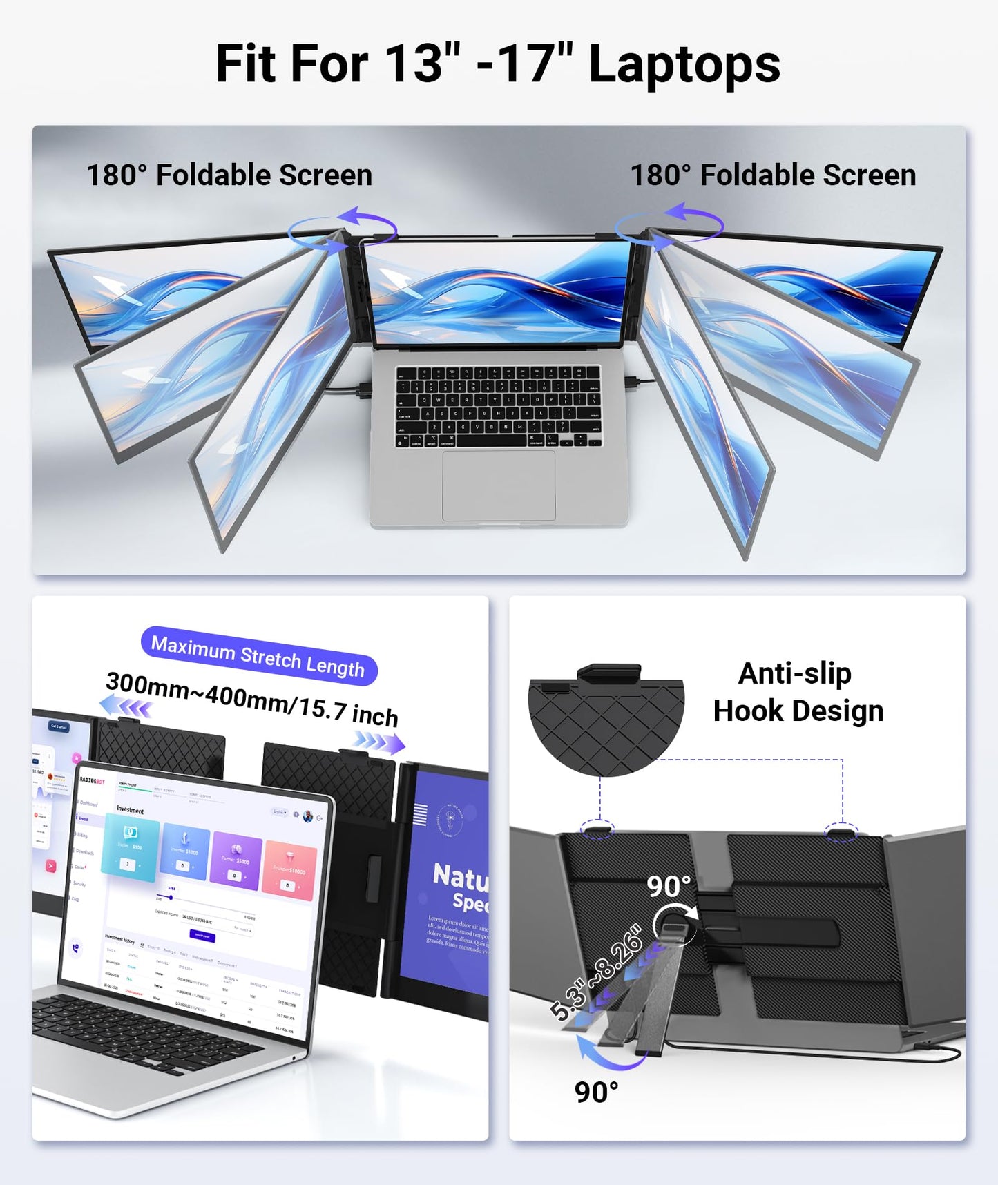 Wixzet 14" Extender: lightweight triple monitor, 1080P IPS, portable and compatible with most laptops.