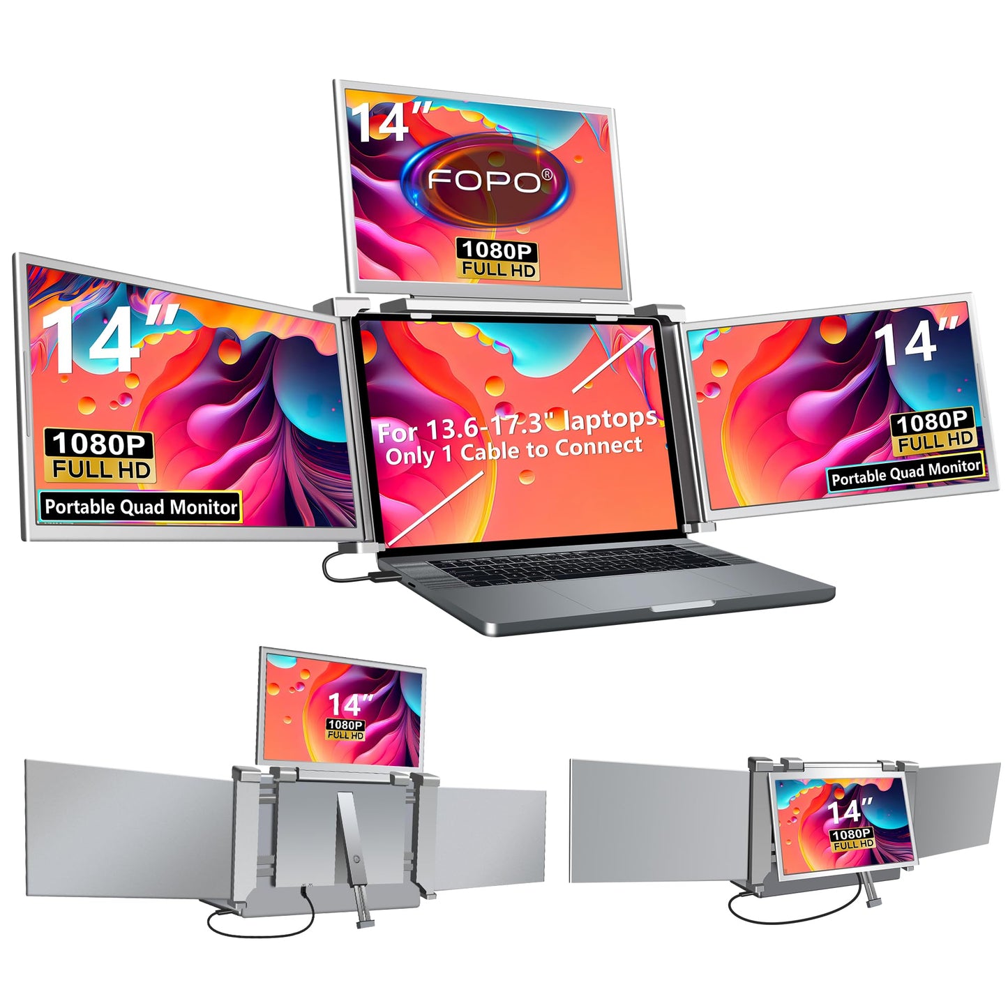 FOPO 14" Extender: quad monitor setup, one cable for 3 screens, FHD IPS, compatible with Mac and Windows.