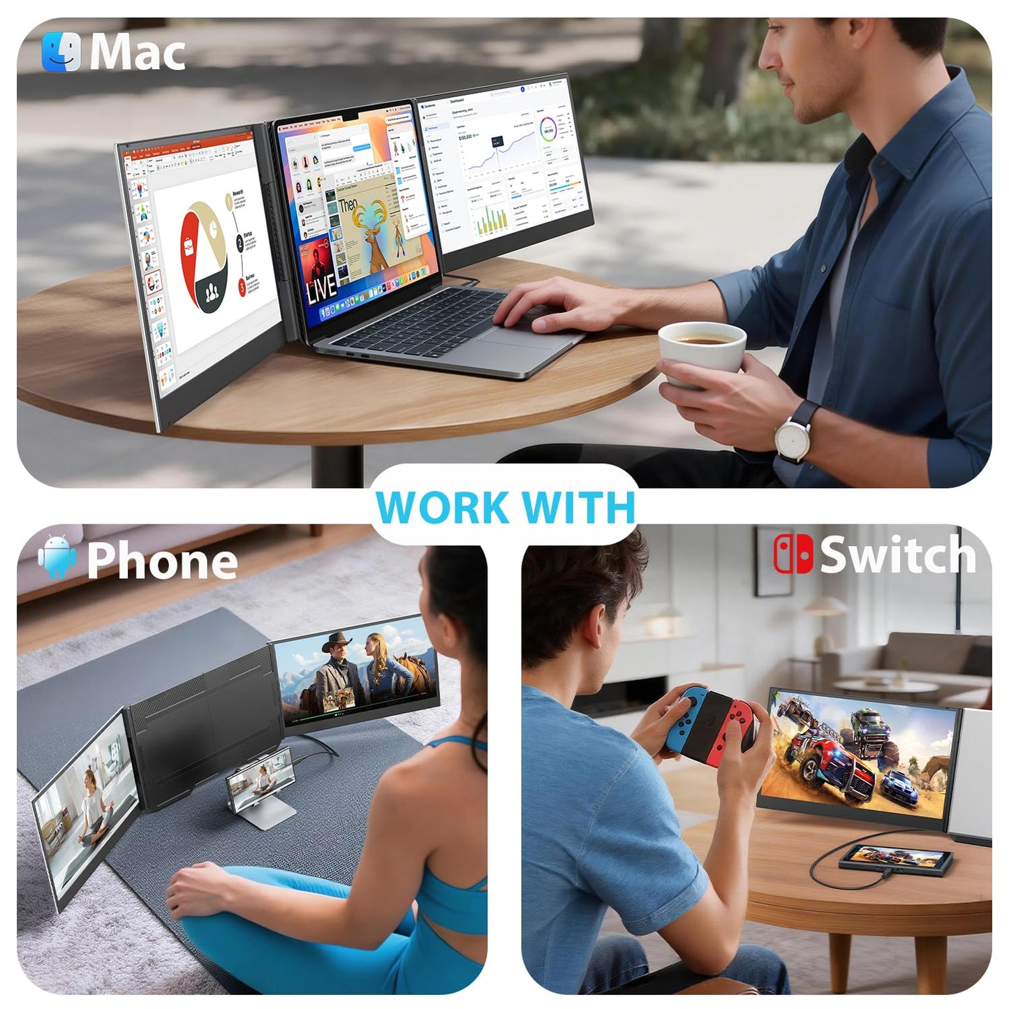 15.6" Triple Monitor: one-cable setup, FHD IPS, built-in speakers, slim portable design for laptops.
