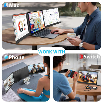 15.6" Triple Monitor: one-cable setup, FHD IPS, built-in speakers, slim portable design for laptops.