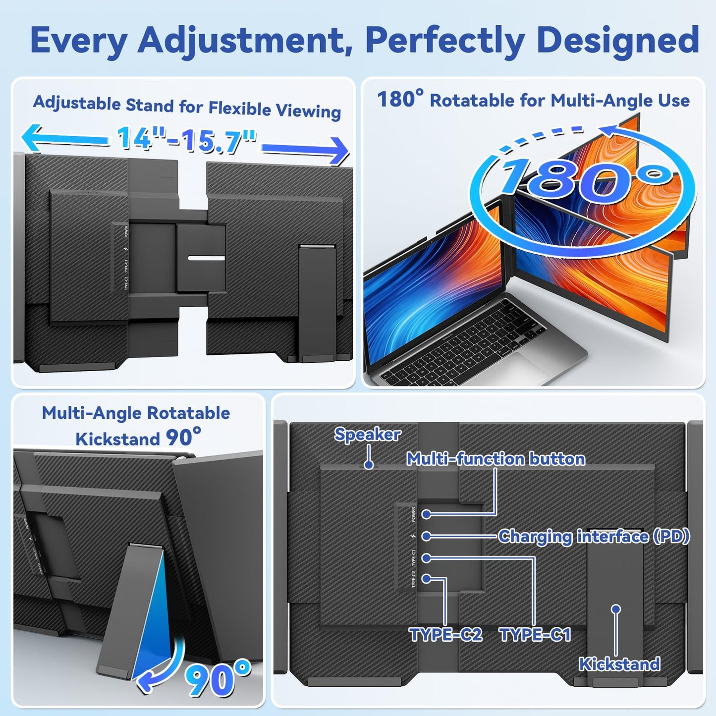 domyfan 15.6" Extender: FHD IPS triple monitor, ultra-thin, plug & play, wide compatibility.