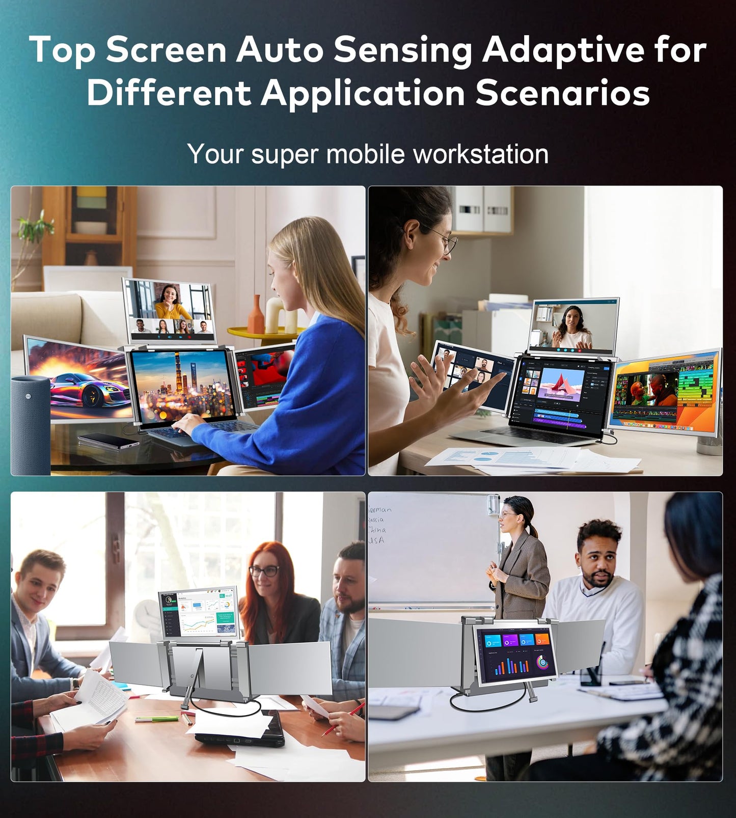 FOPO 14" Extender: quad monitor setup, one cable for 3 screens, FHD IPS, compatible with Mac and Windows.