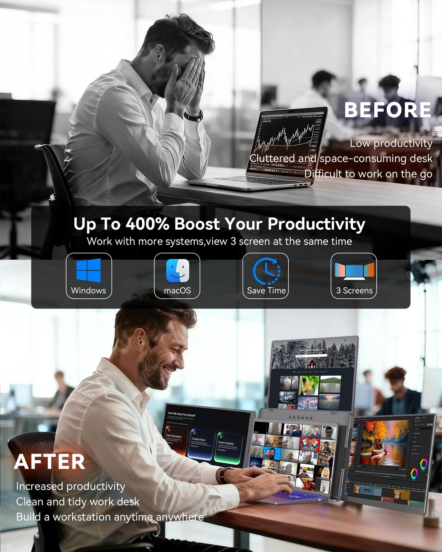FQQ 14" Extender: 1200P IPS triple monitor, one cable, compact travel design, ideal for work on the go.
